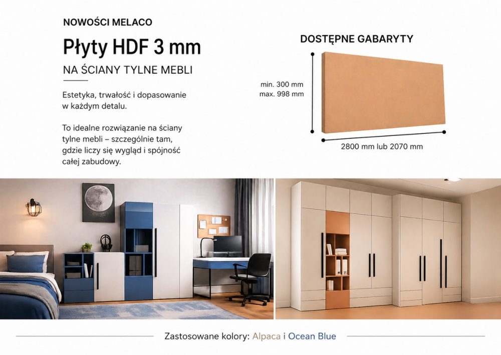 Płyty HDF 3 mm na ściany tylne mebli – nowości Melaco